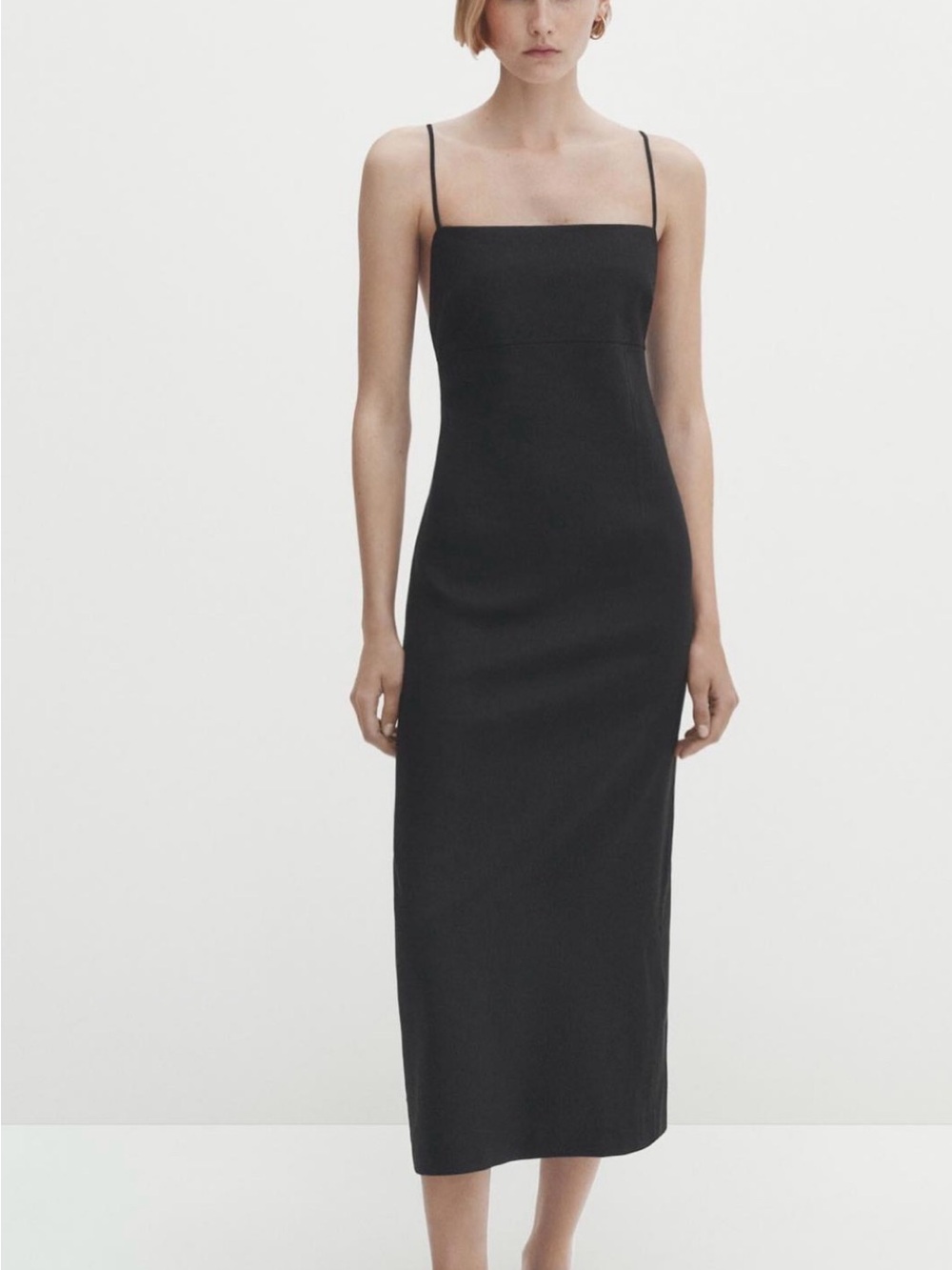 Massimo Dutti Classic Black Slip Midi Dress with Spaghetti Straps size 6